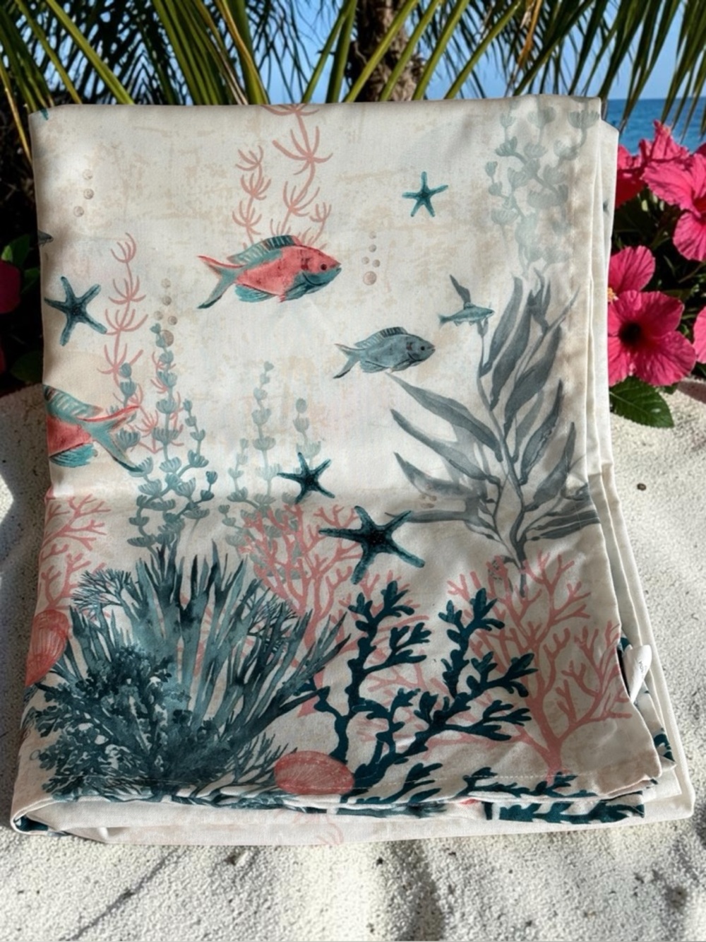 Tahari Home Tablecloth Nautical Ocean Coral Reef Star Fish Seashells Turquoise